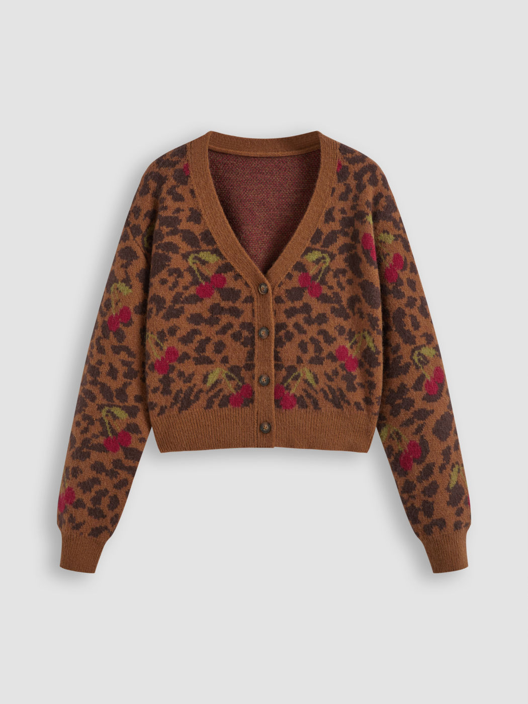 Cardigan in maglia con scollo a V e bottoni a forma di ciliegia leopardata