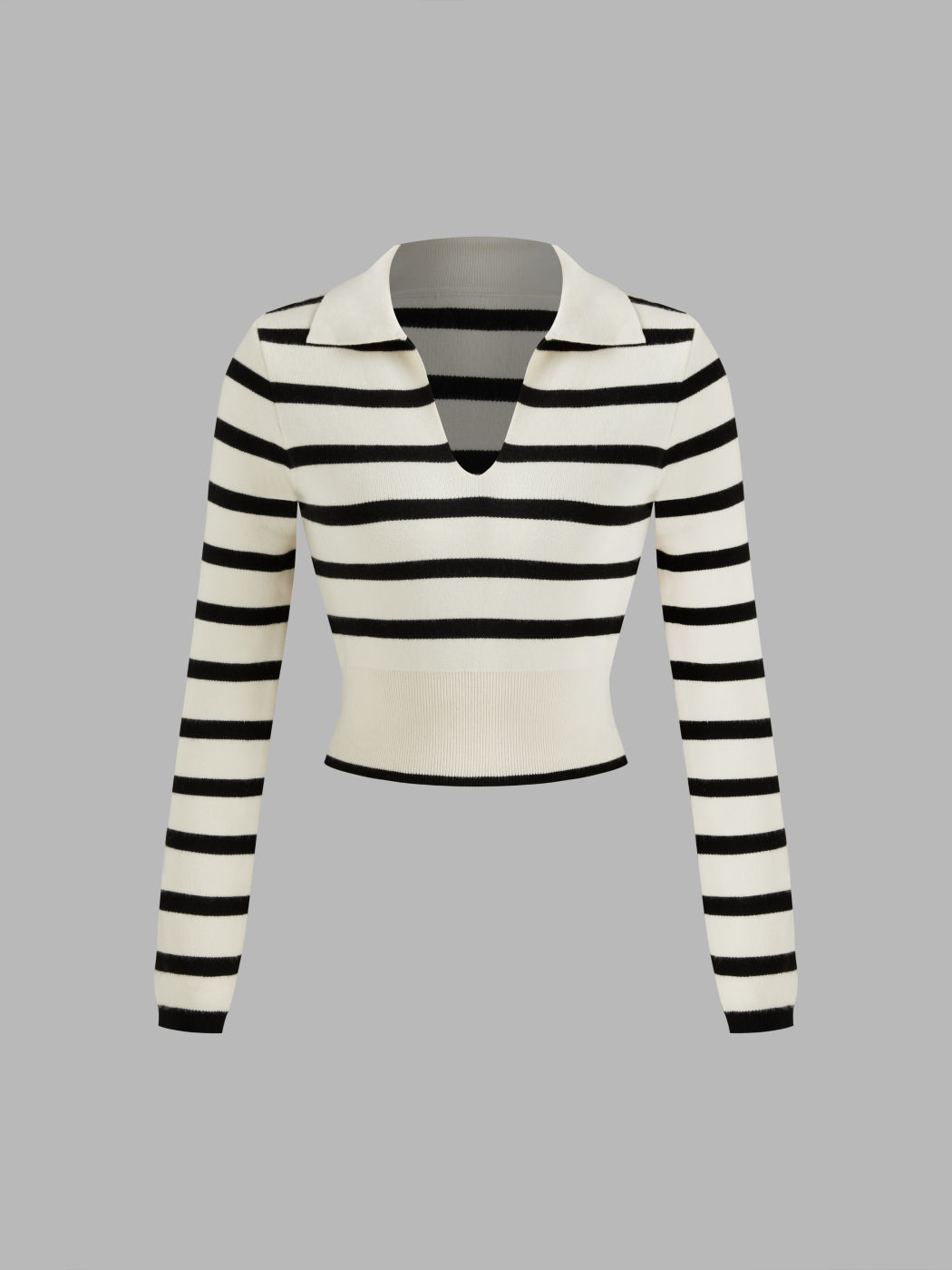 Knitted V-neck Striped Long Sleeve Crop Top