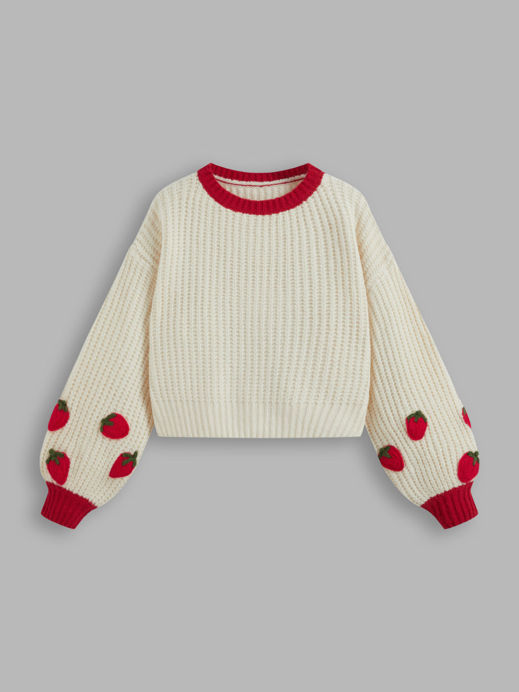 Knitted Round Neckline Strawberry Contrasting Binding Crop Sweater