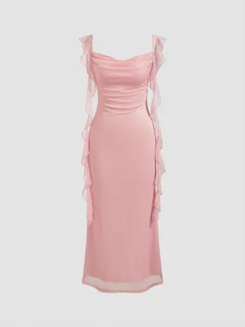 Cowl Neck Solid Glitter Ruffle Hem Maxi Dress