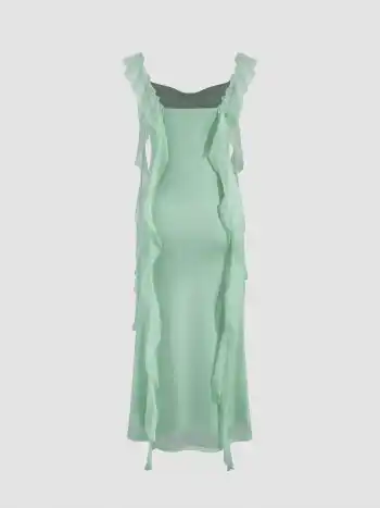 Cowl Neck Solid Glitter Ruffle Hem Maxi Dress