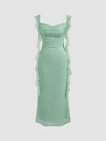 Cowl Neck Solid Glitter Ruffle Hem Maxi Dress