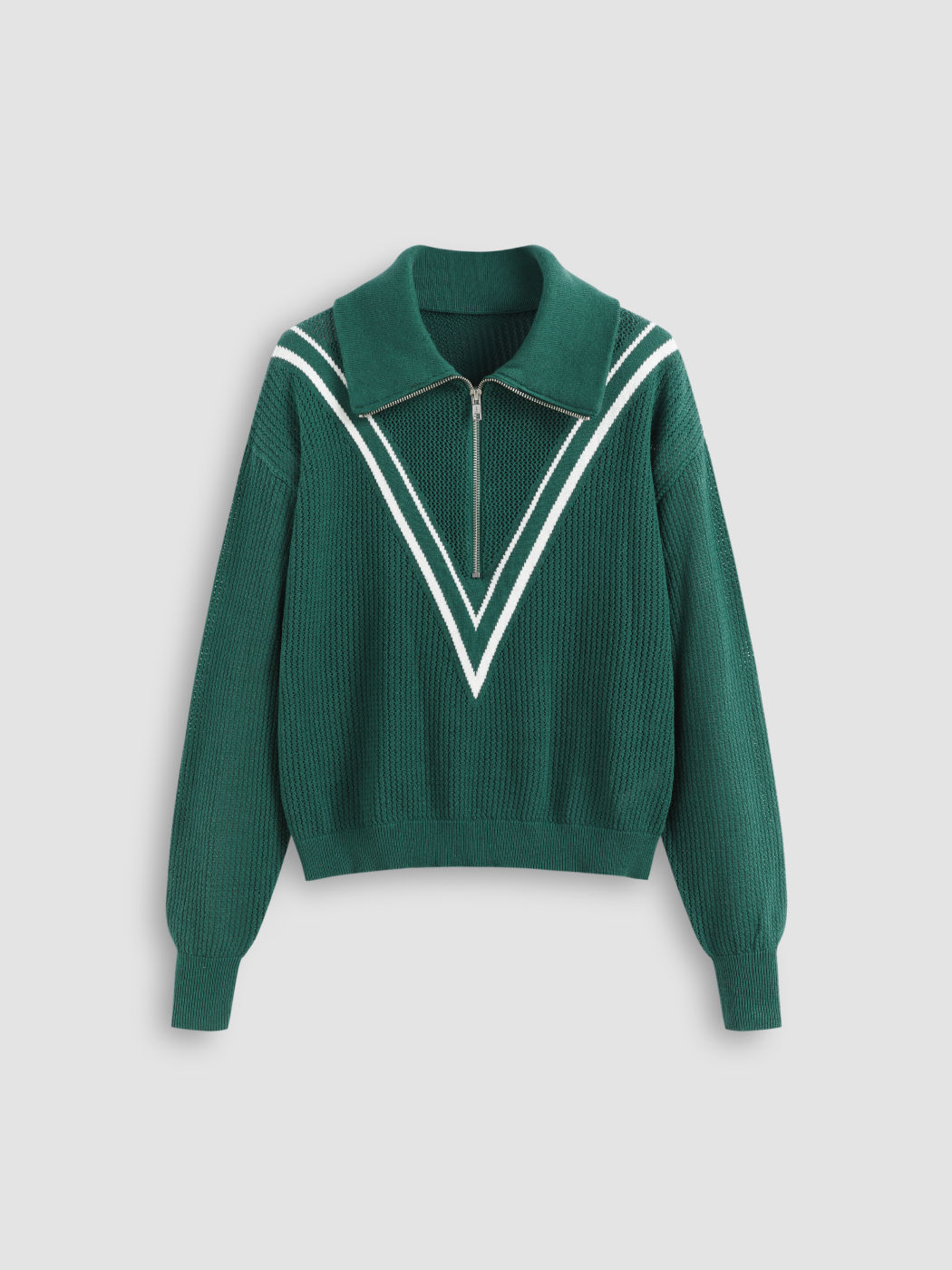 Knit Collar V Striped Zipper Long Sleeve Top