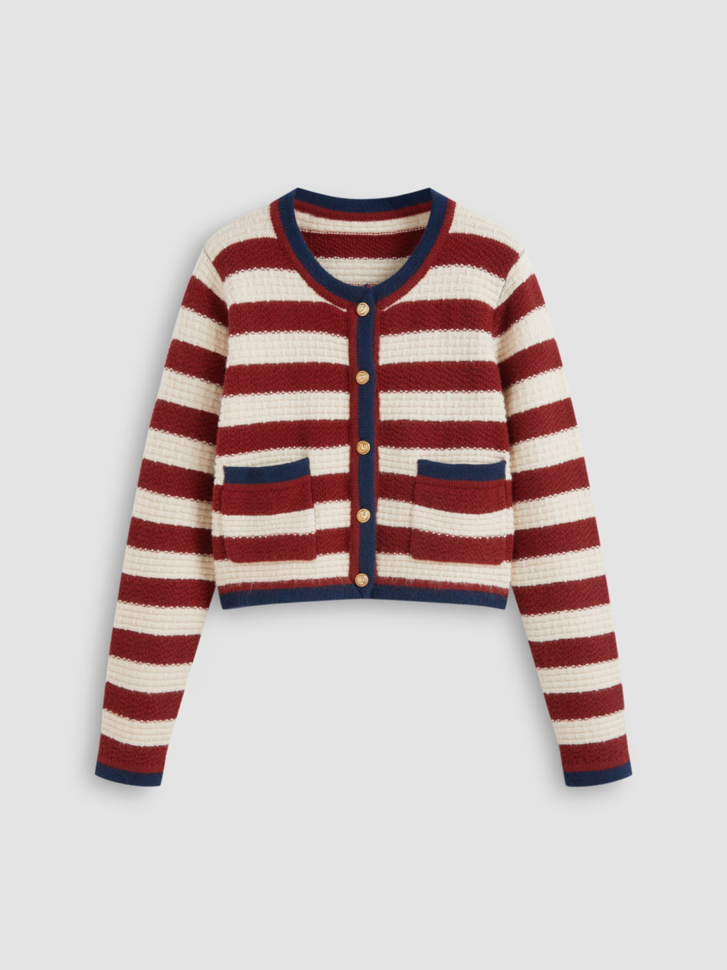 Strick-Cardigan mit Rundhals, Streifen, kontrastierenden Borten und Taschen, Crop-Style