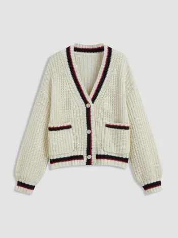 Cardigan in maglia con scollo a V e tasca con bottoni a contrasto