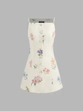 Square Neck Floral Button Mini Dress