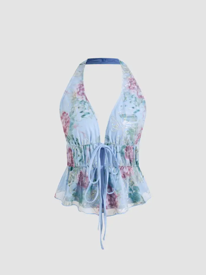 Mesh Mesh Tie Dye Drawstring Bandeau Top & Mid Rise Drawstring Wide Leg Trousers Set For Vacation