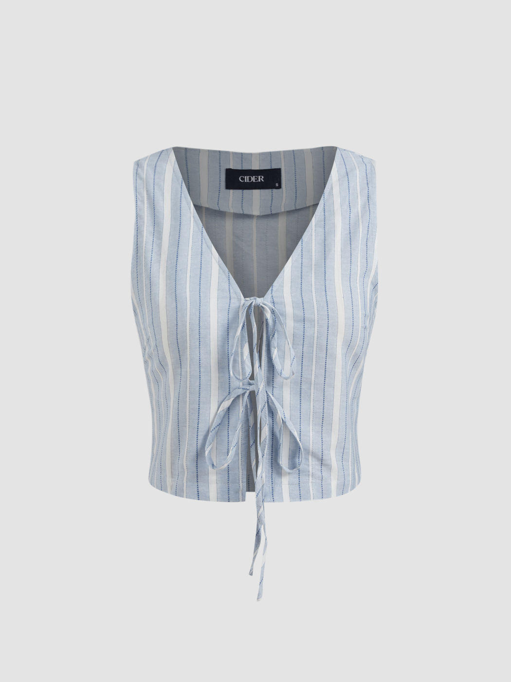 100% Cotton V-neck Striped Tie Front Crop Vest & Mid Rise Striped Ruffle Midi Skirt