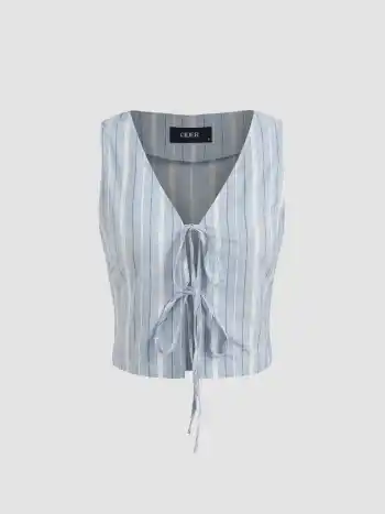 100% Cotton V-neck Striped Tie Front Crop Vest & Mid Rise Striped Ruffle Midi Skirt