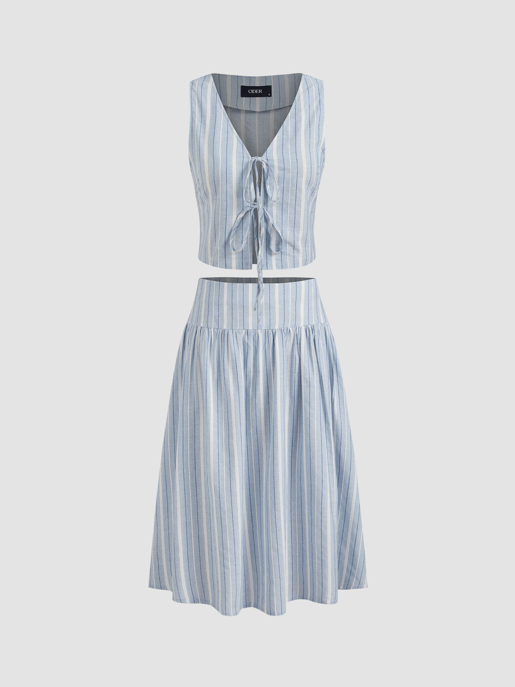 100% Cotton V-neck Striped Tie Front Crop Vest & Mid Rise Striped Ruffle Midi Skirt