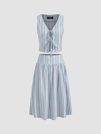 100% Cotton V-neck Striped Tie Front Crop Vest & Mid Rise Striped Ruffle Midi Skirt
