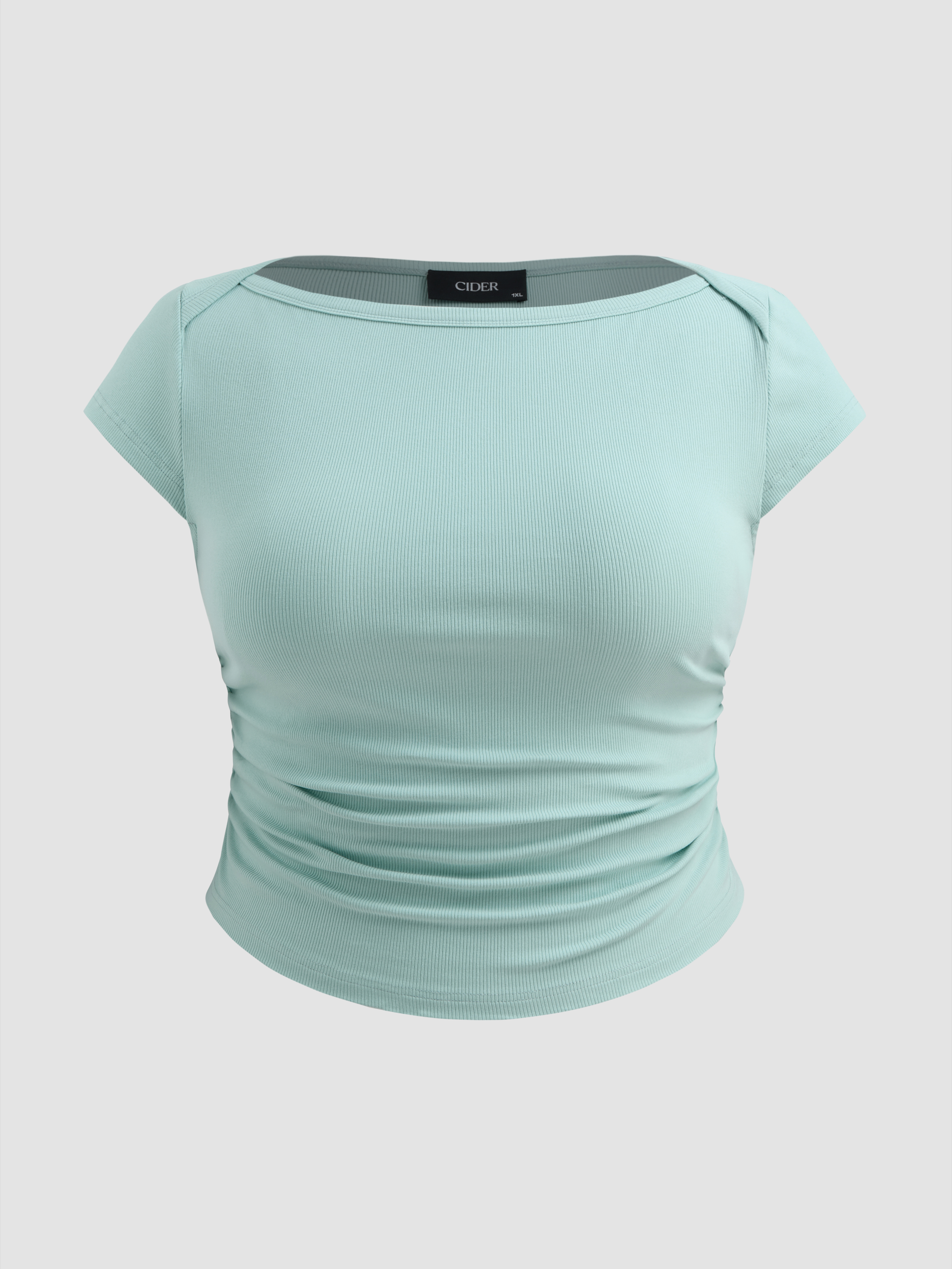 Jersey Cotton Cotton-blend Boat Neck Solid Ruched Short