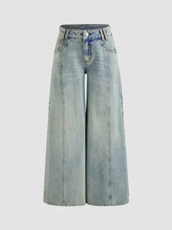 Denim Low Rise Solid Wide Leg Jeans
