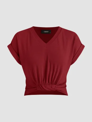 V-neck Solid Ruched Crop Top