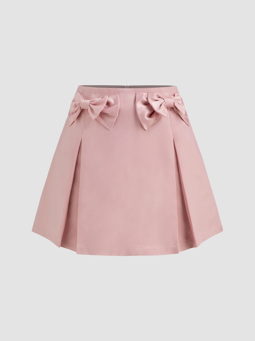 Satin Mid Rise Solid Bowknot Pleated Mini Skirt