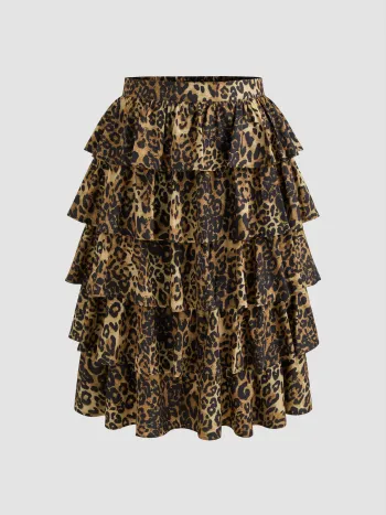 Mittlerer Bund, Leopardmuster, geschichtete Rüschen Midiskirt Kurve & Plus