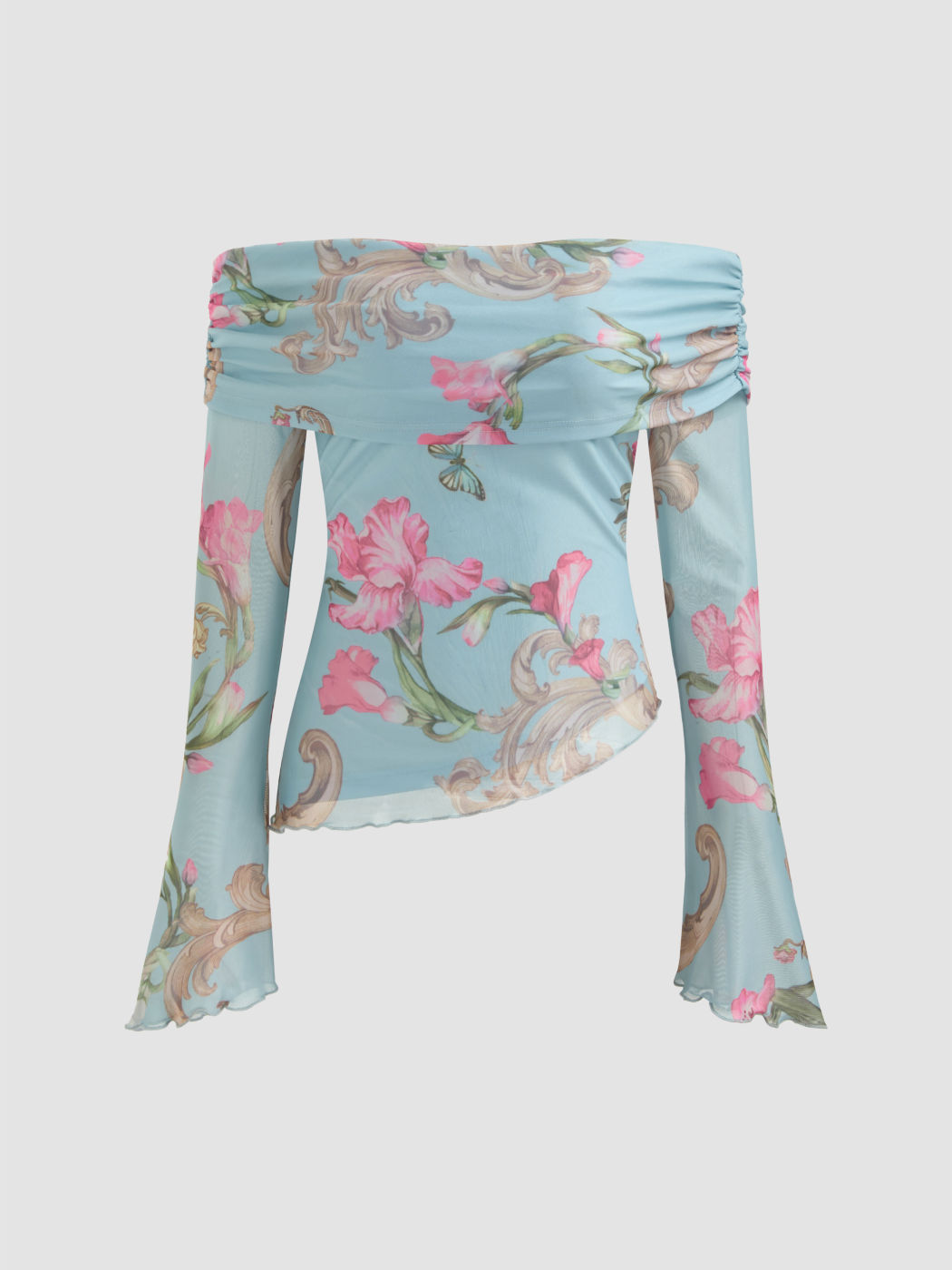Mesh Off-shoulder Floral Ruched Asymmetrical Hem Long Sleeve Top