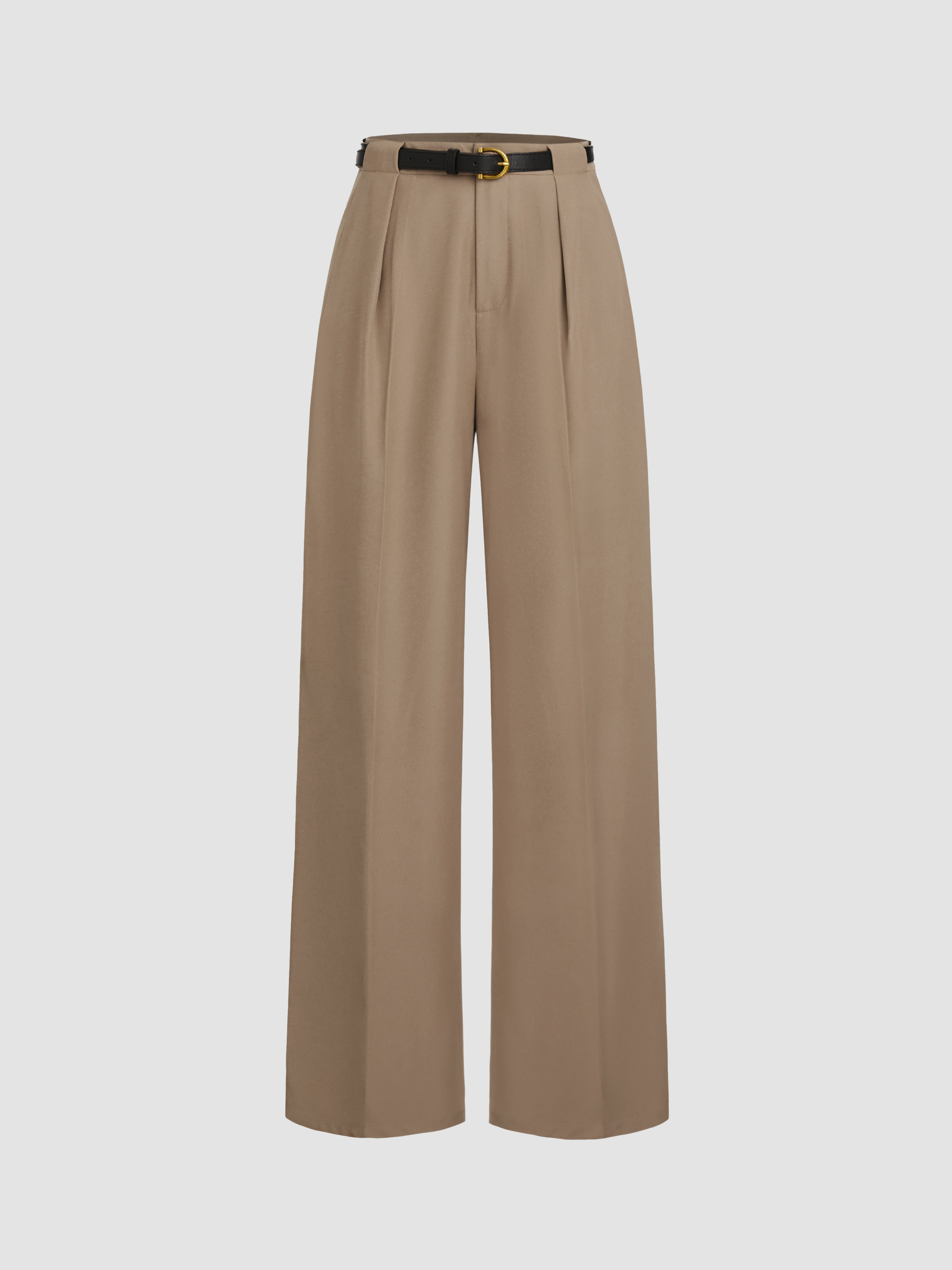 Woven Petite Mid Rise Solid Straight Leg Trousers With Belt