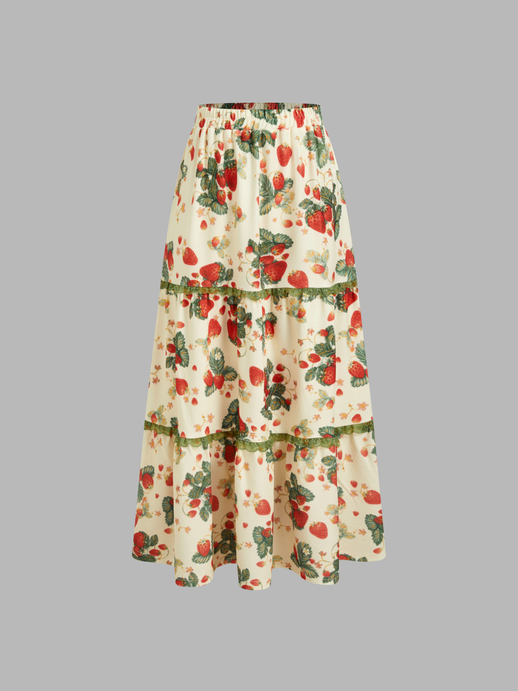 Mid Rise Strawberry Tiered Maxi Skirt