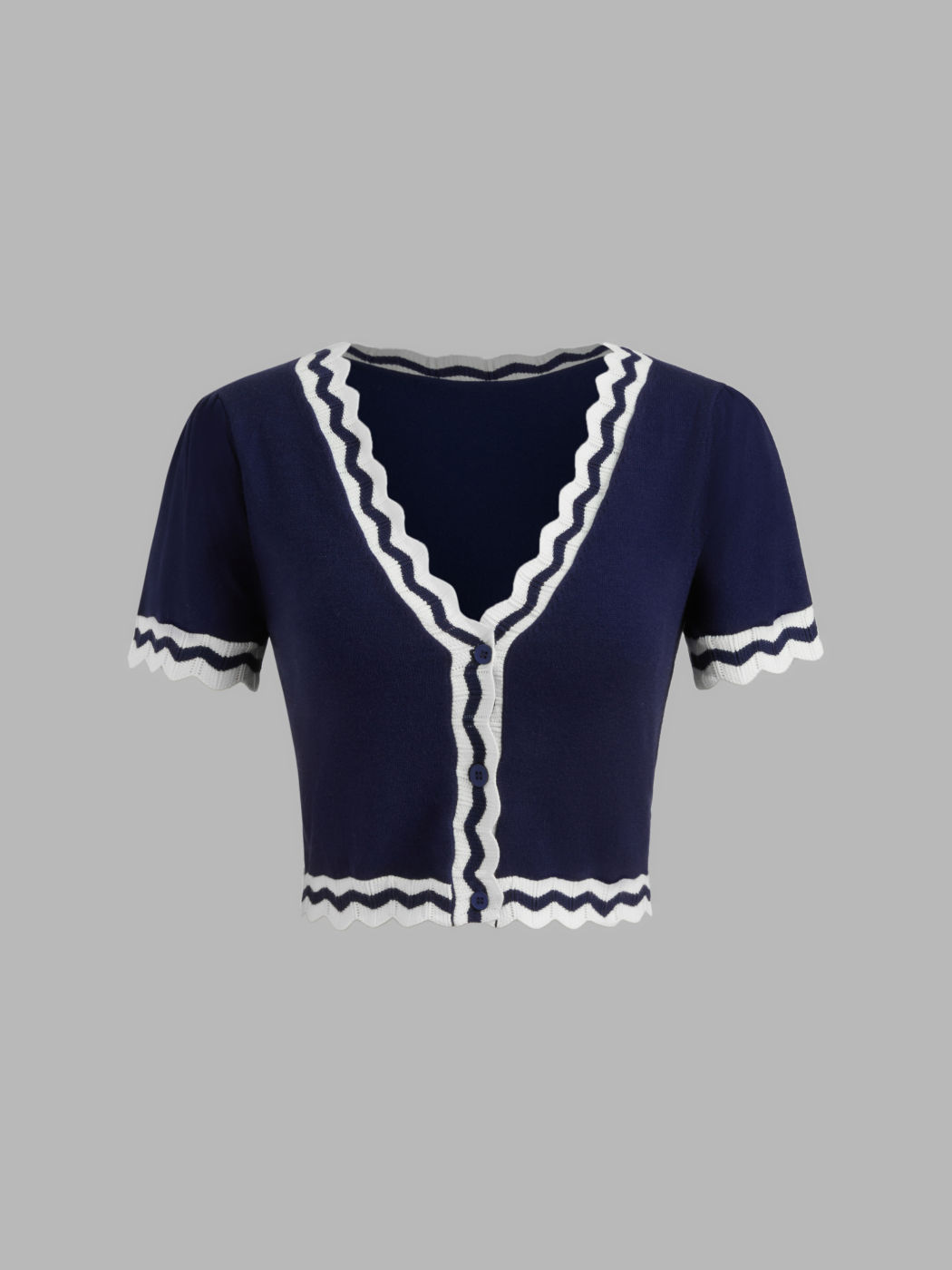 Knit V-neck Solid Wave Contrasting Binding Short Sleeve Crop Top