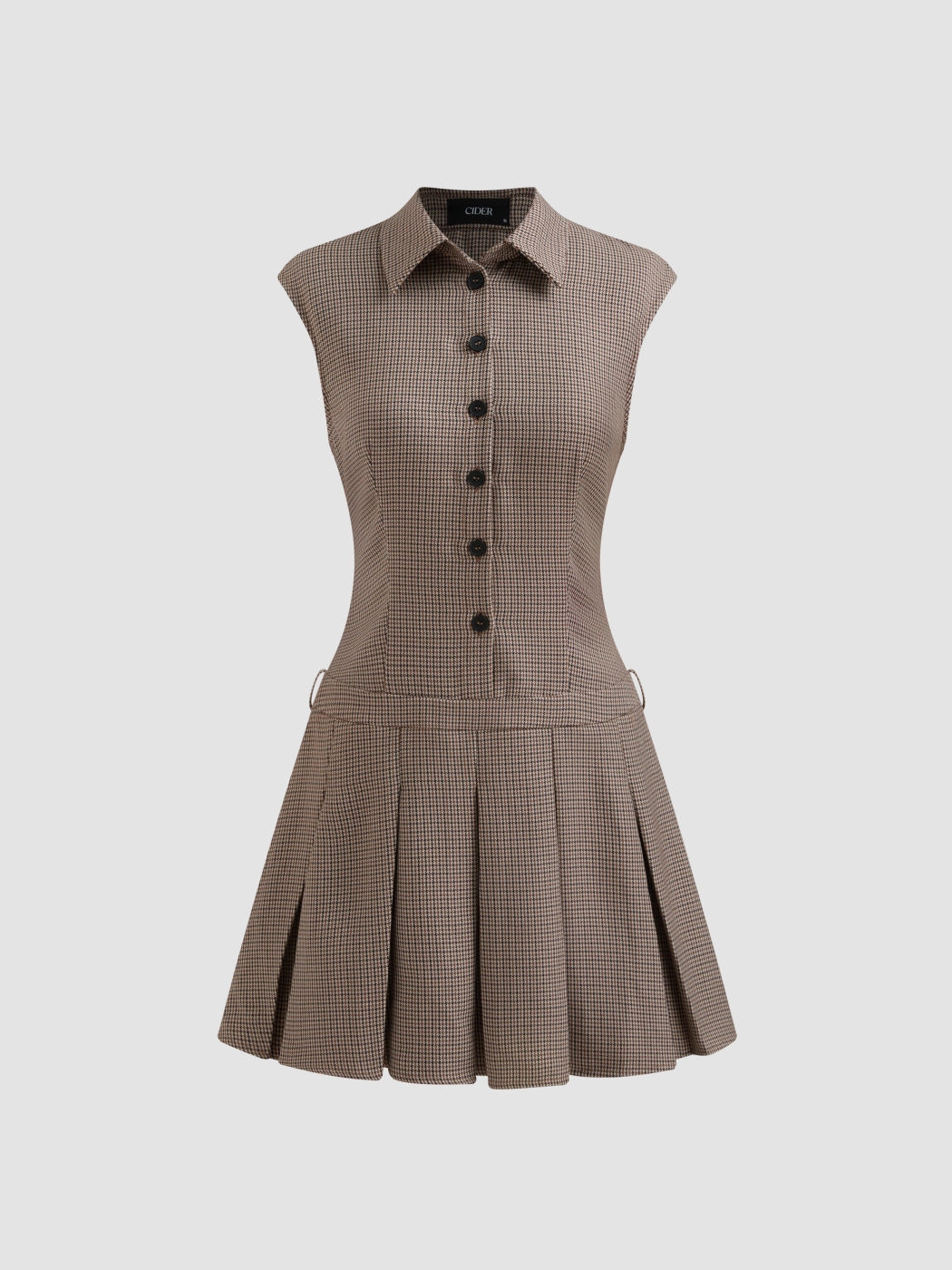 Collar Houndstooth Button Pleated Mini Dress