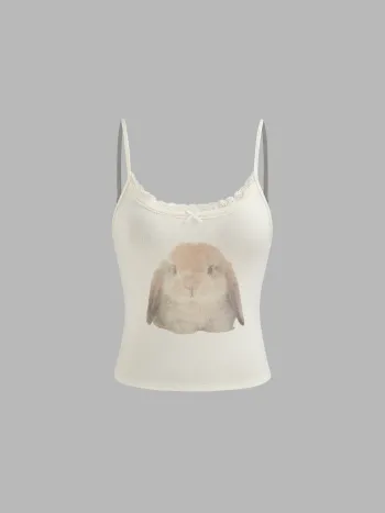 Scoop-Halslinie Kaninchen-Grafik Schleifenbänder Spitze-Bordüre Camisole Oberteil
