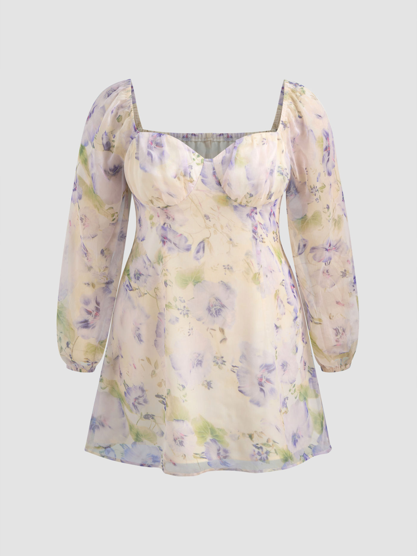 Sweetheart Neckline Floral Long Sleeve Mini Dress Curve & Plus