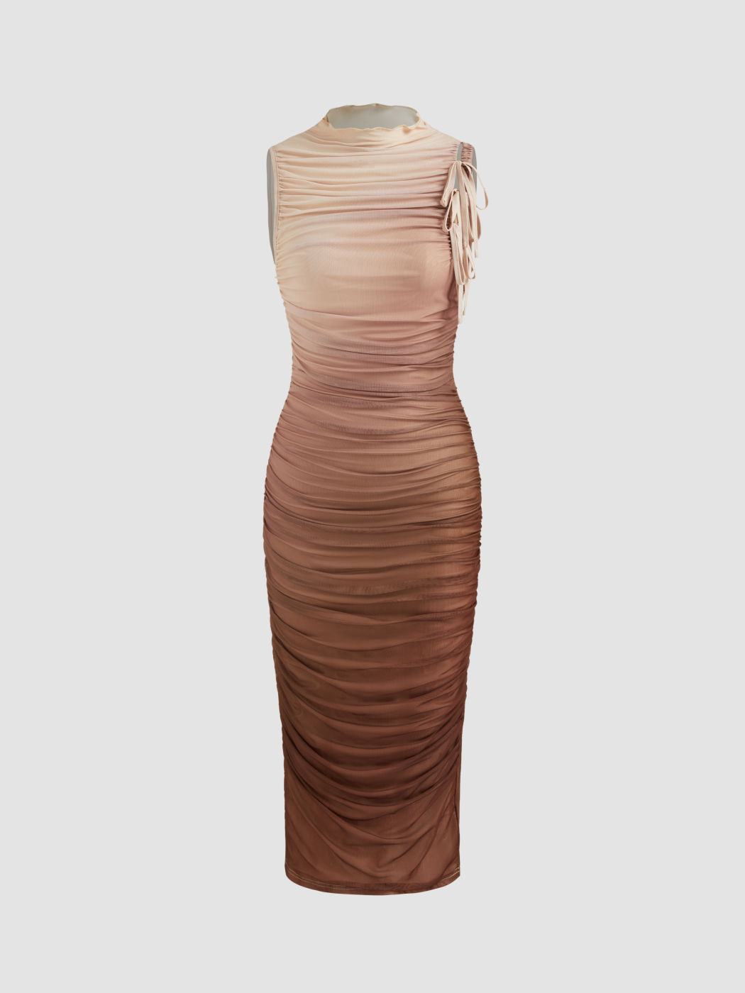 Mesh High Neck Gradient Ruched Knotted Midi Dress