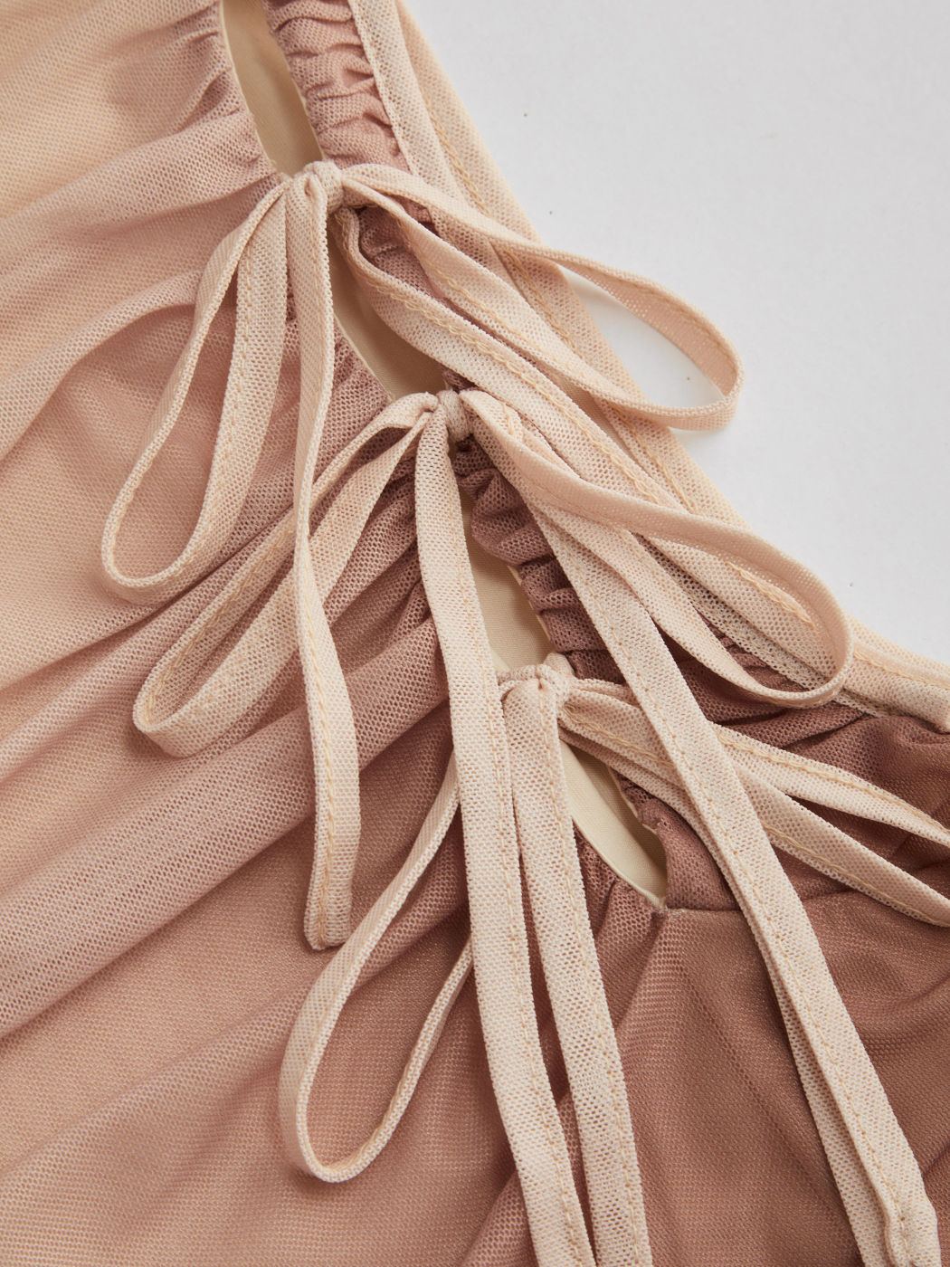 Mesh High Neck Gradient Ruched Knotted Midi Dress