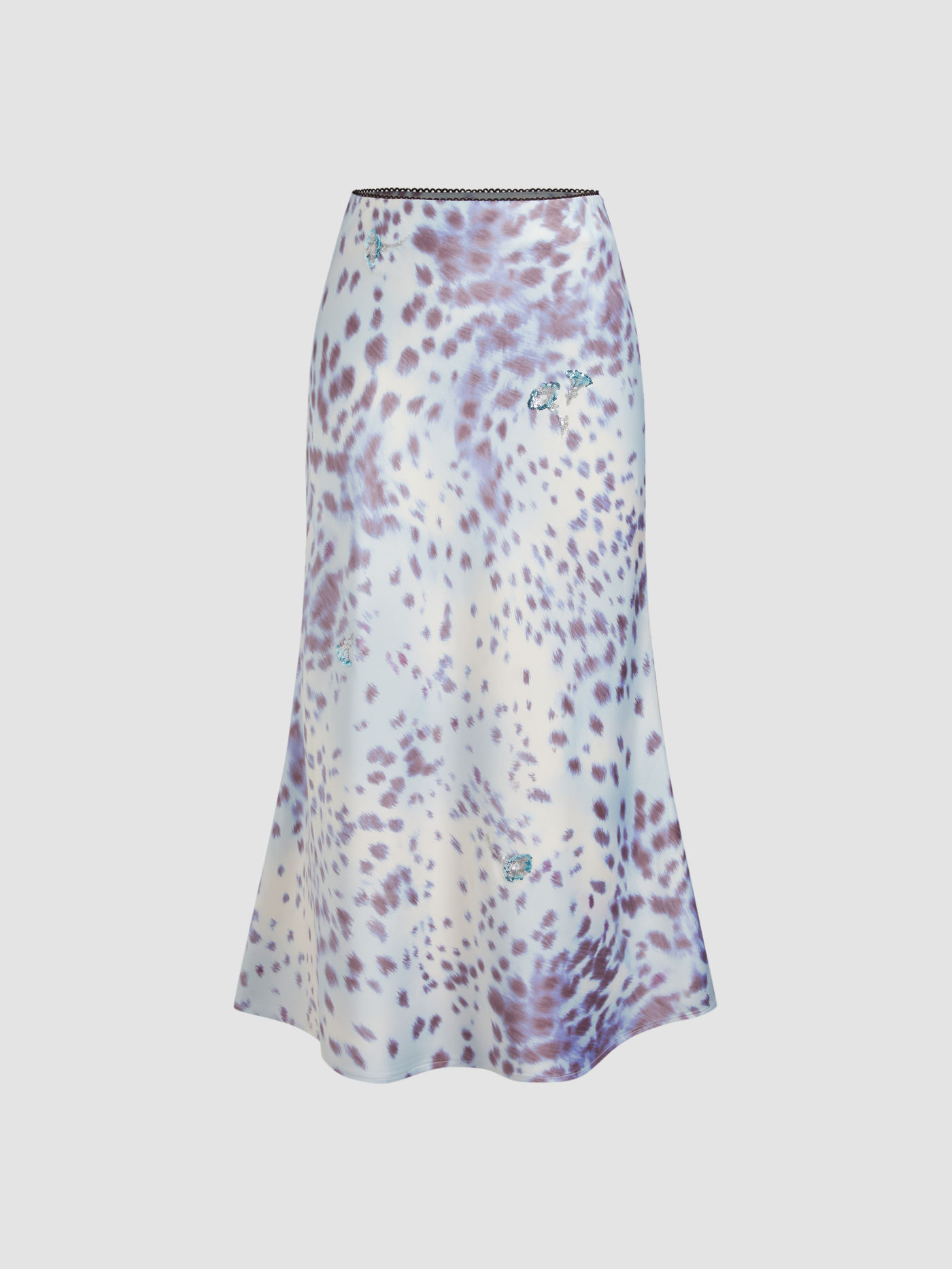 Satin Mid Rise Sequin Flower Leopard Zipper Midi Skirt