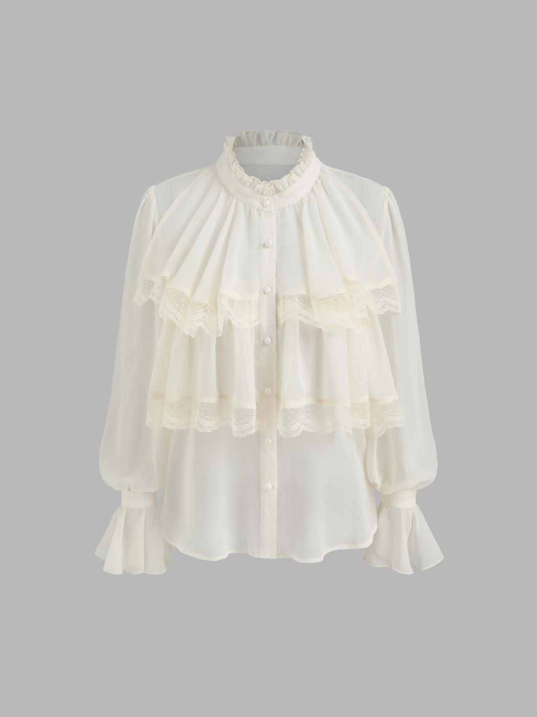 Chiffon-Einfarbiges durchsichtiges Blus mit Rüschensaum und langen Ärmeln