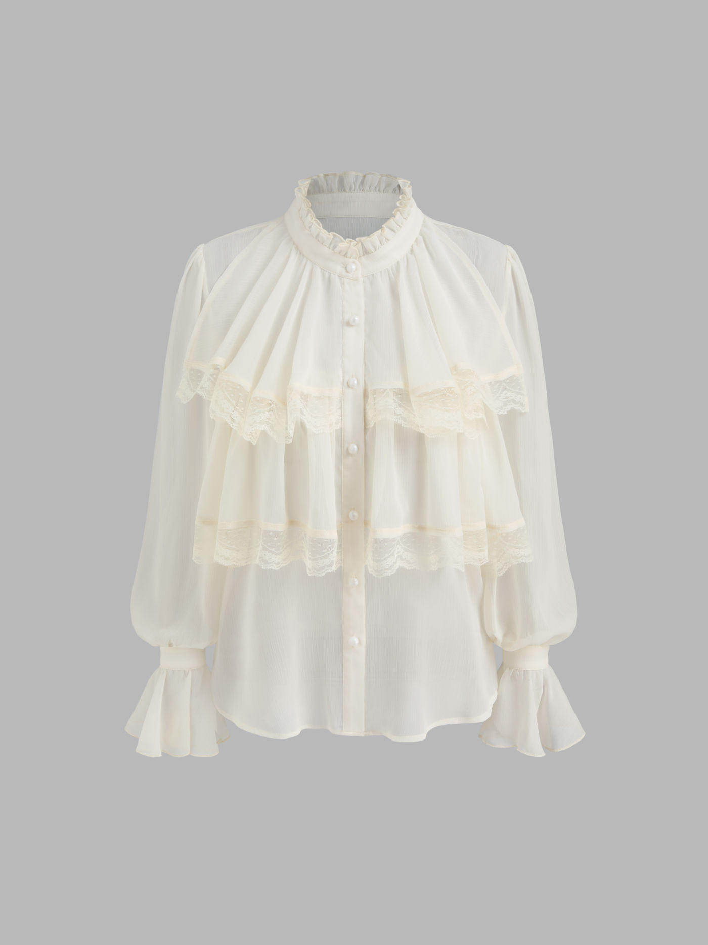 Chiffon Solid See-through Ruffle Hem Long Sleeve Blouse