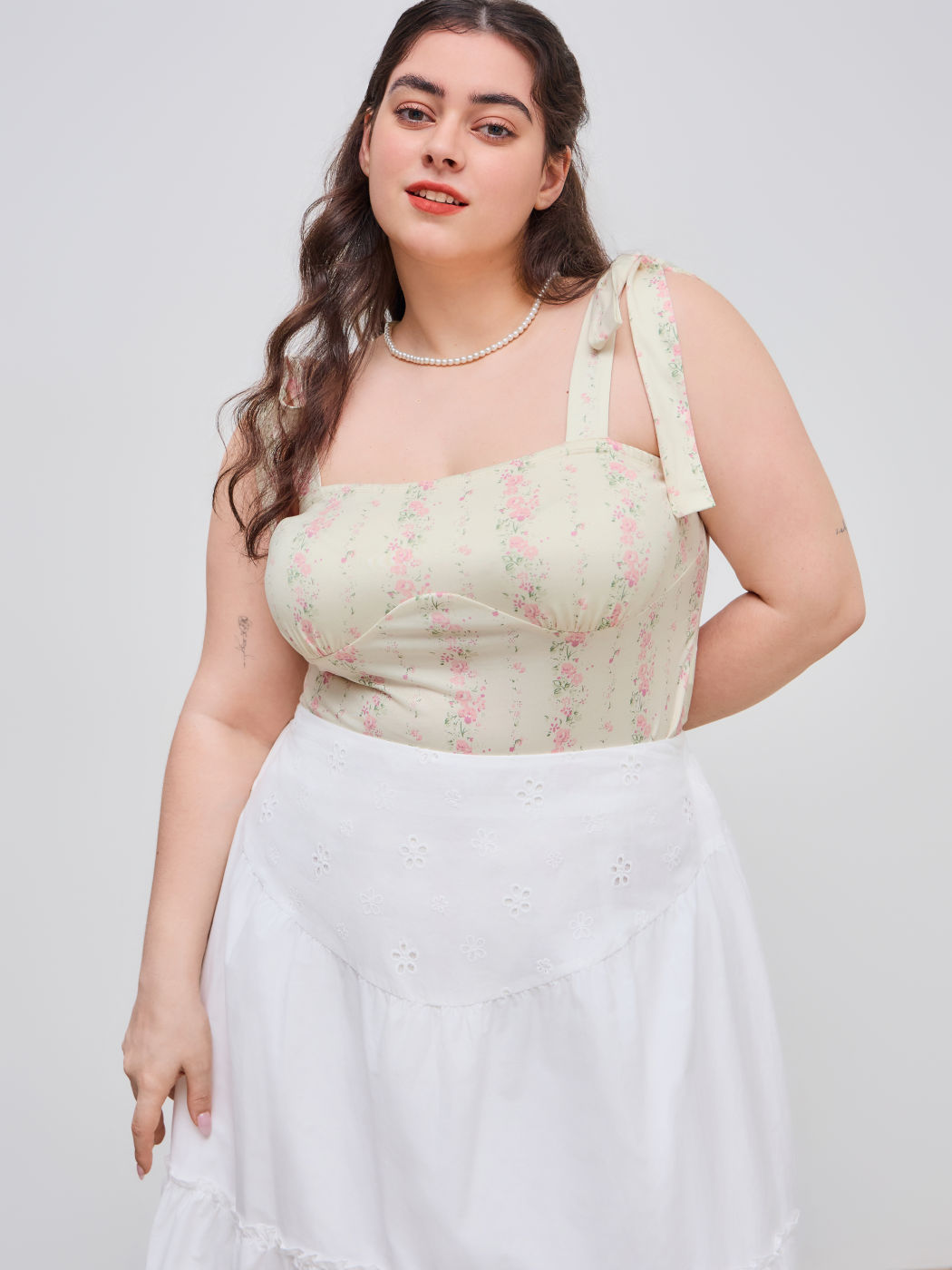 Square Neck Floral Knotted Bodysuit Curve & Plus