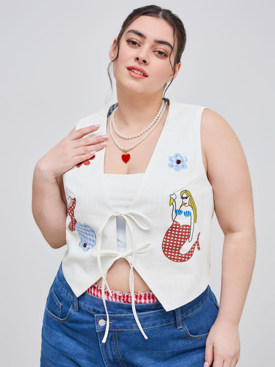Cotton-blend Reversible Gingham Shell & Mermaid Graphic Knotted Vest Curve & Plus