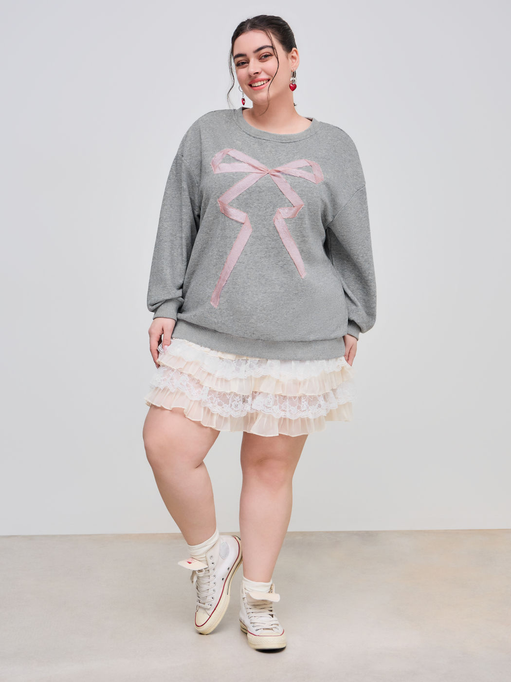 Cotton-blend Round Neckline Solid Bowknot Sweatshirt Curve & Plus