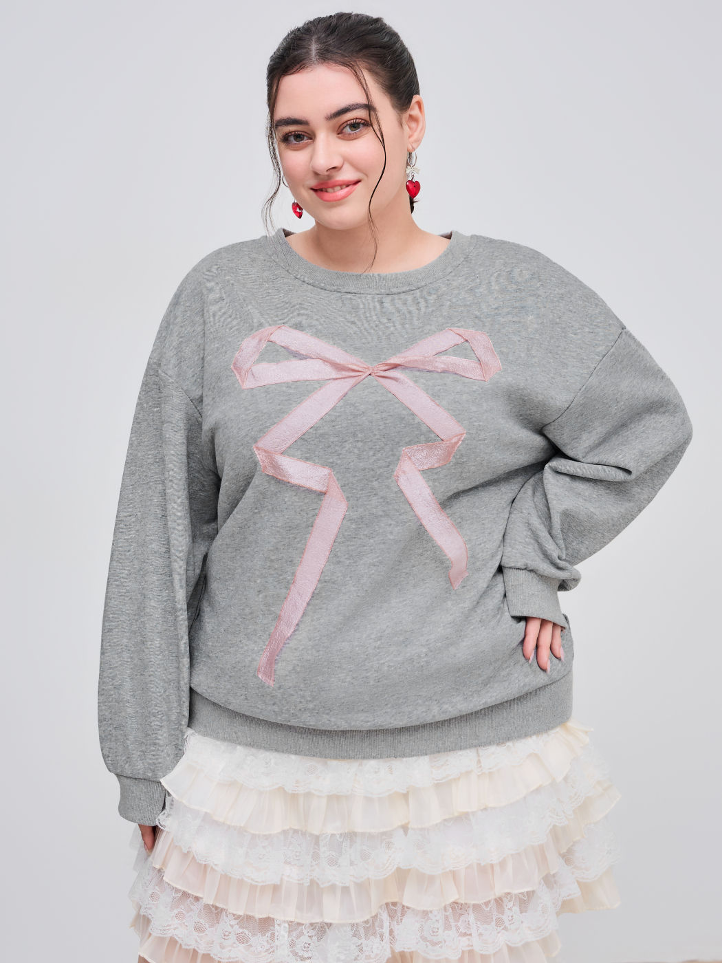 Cotton-blend Round Neckline Solid Bowknot Sweatshirt Curve & Plus
