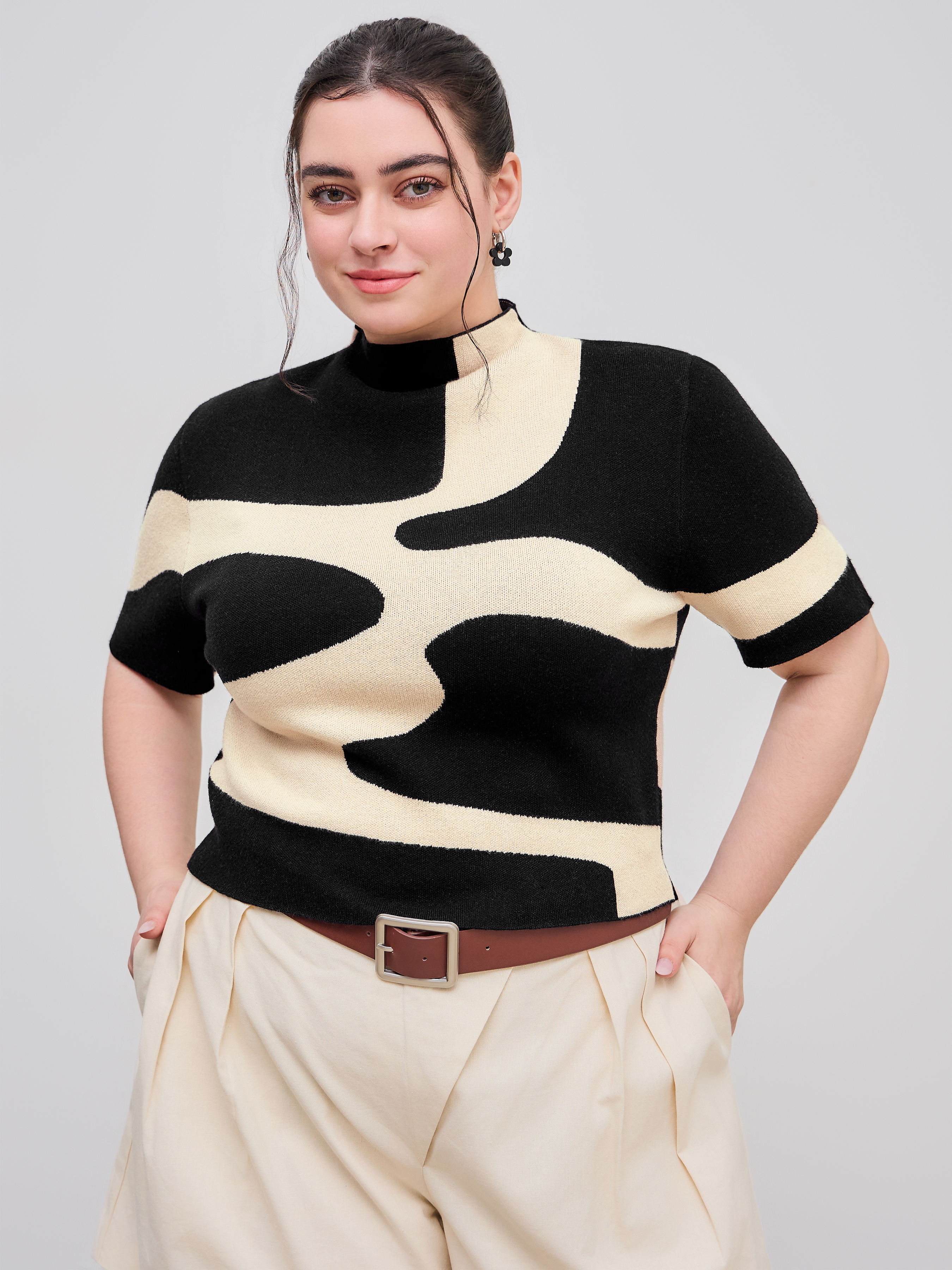 Knit Fabric Knit High Neck Zebra Striped Short Sleeve Top