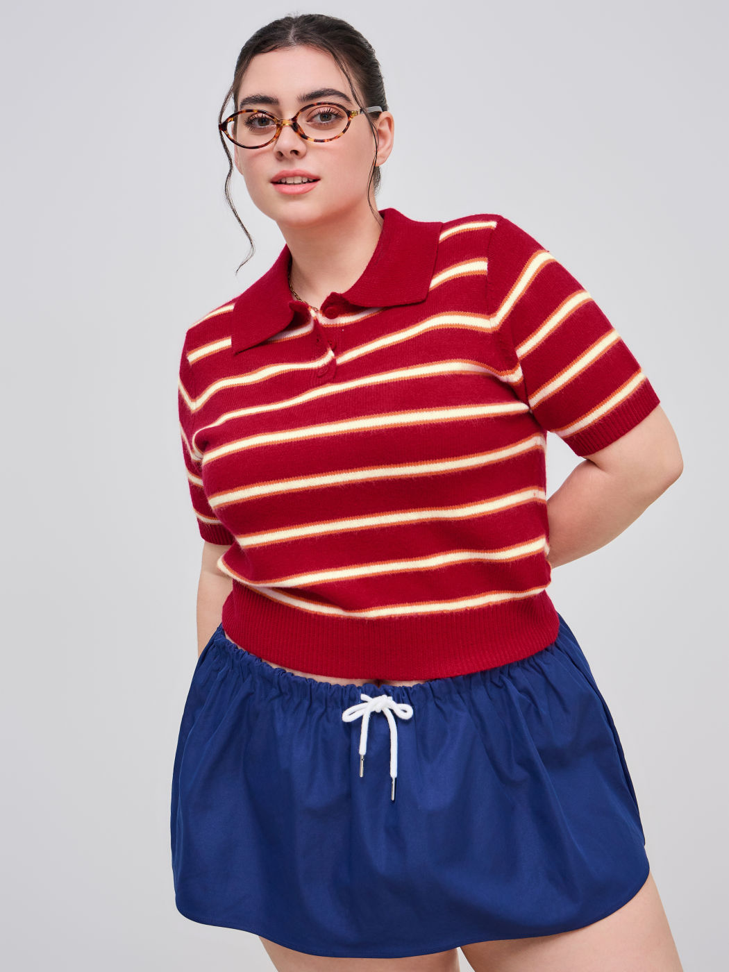 Knit Collar Striped Button Short Sleeve Top Curve & Plus