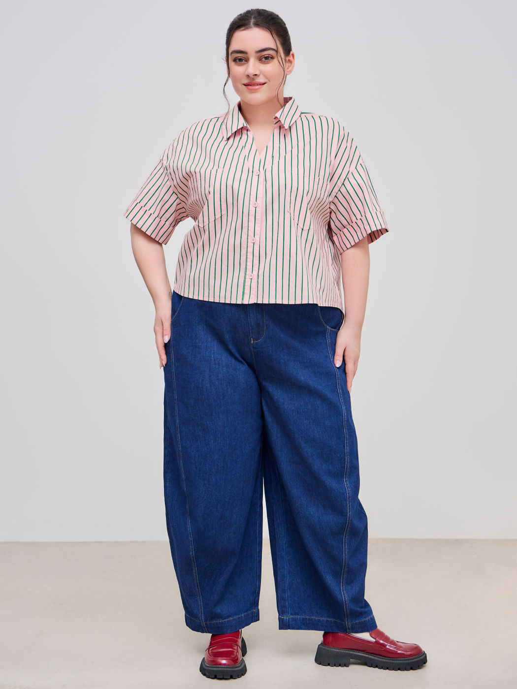 100% Cotton Collar Striped Button Short Sleeve Oversized Shirt Curve & Plus