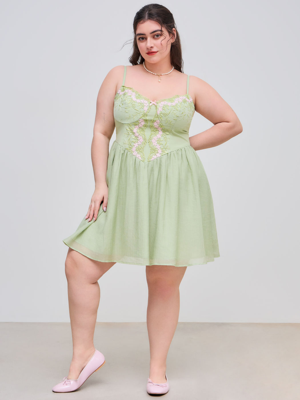 Cotton-blend V-neck Floral Embroidery Bowknot Zipper Mini Dress Curve & Plus