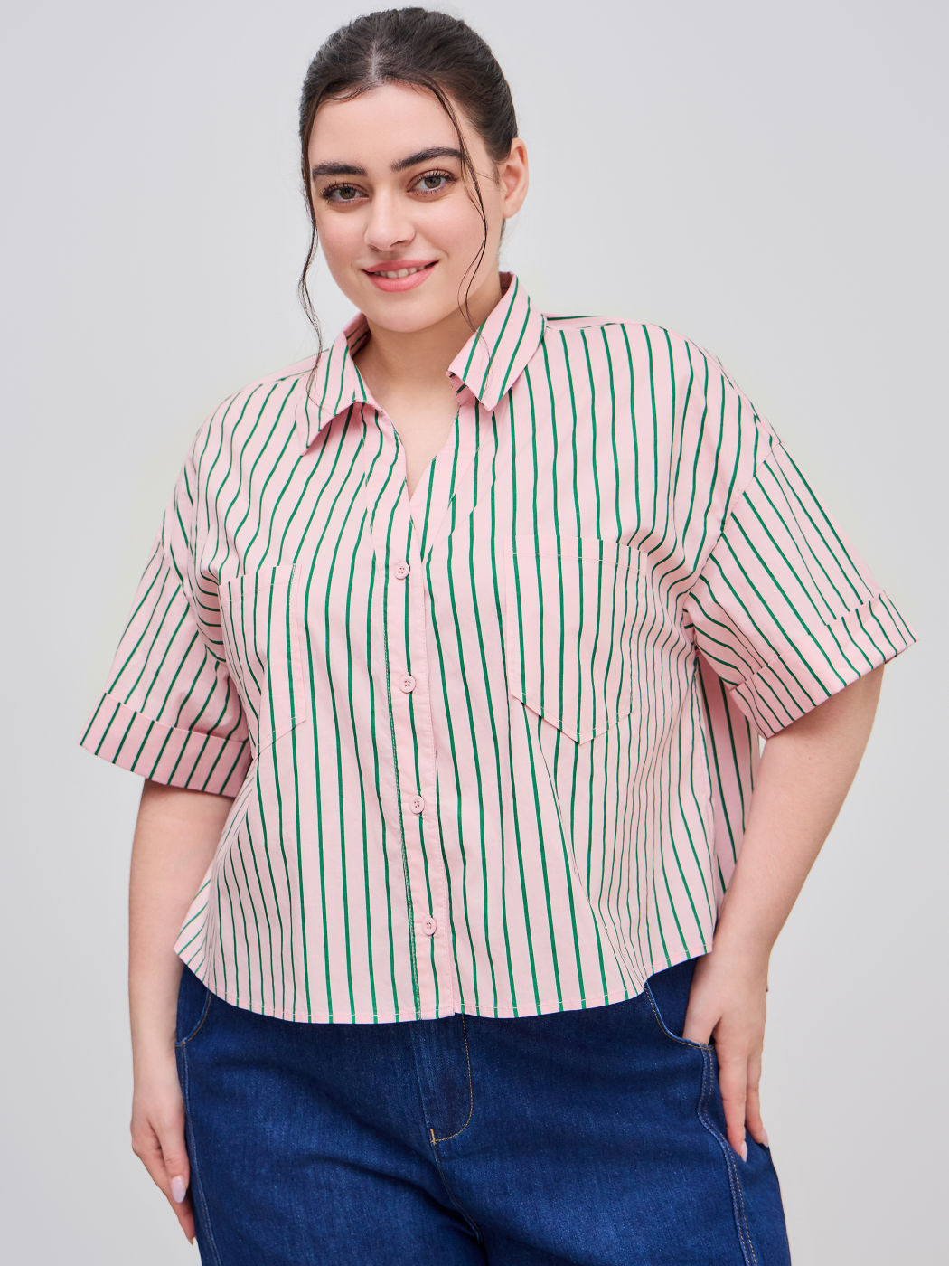 100% Cotton Collar Striped Button Short Sleeve Oversized Shirt Curve & Plus