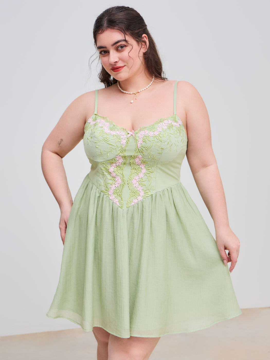 Cotton-blend V-neck Floral Embroidery Bowknot Zipper Mini Dress Curve & Plus