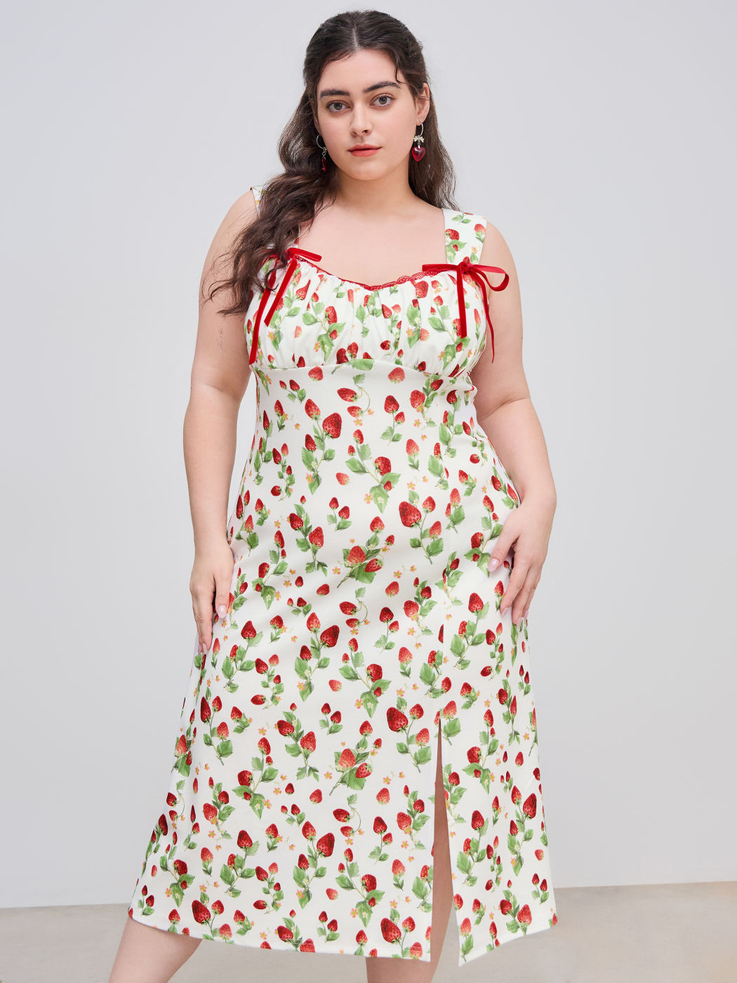Square Neck Strawberry Graphic Knotted Split Midi Dress Curve & Plus