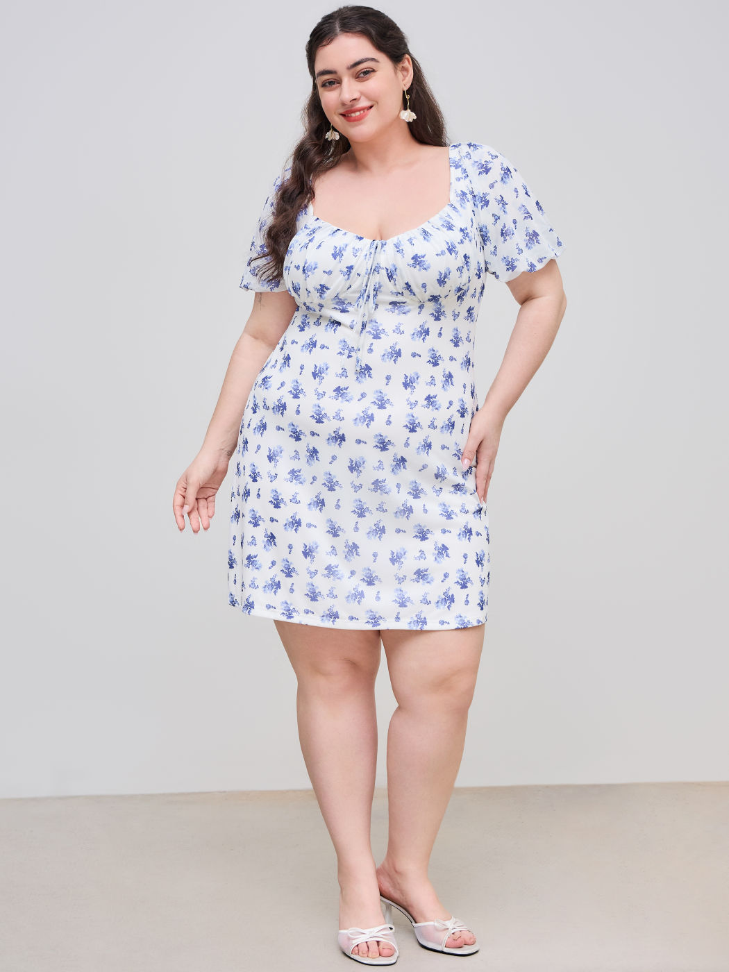 Mesh Square Neck Floral Knotted Criss Cross Mini Dress Curve & Plus
