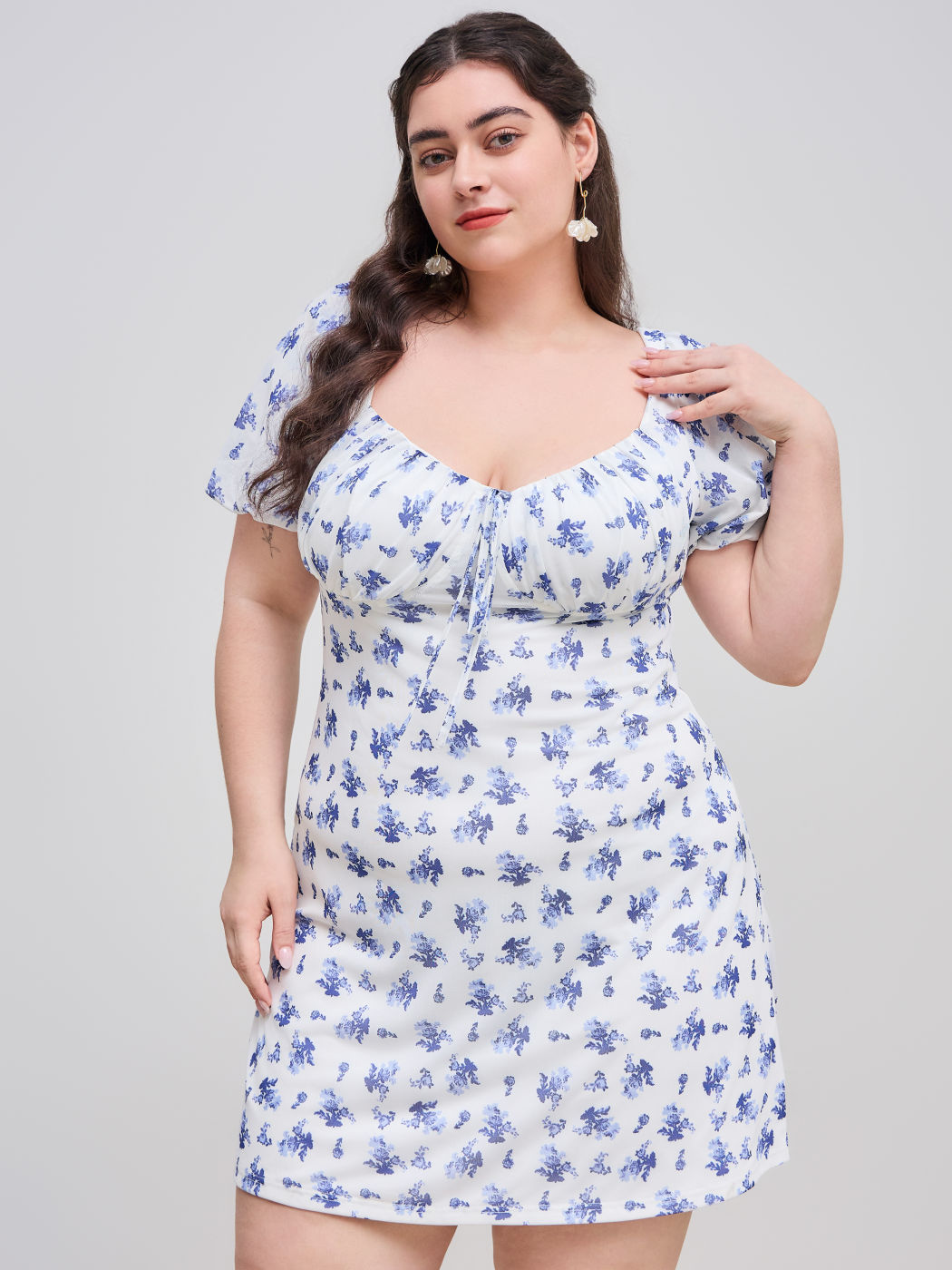 Mesh Square Neck Floral Knotted Criss Cross Mini Dress Curve & Plus
