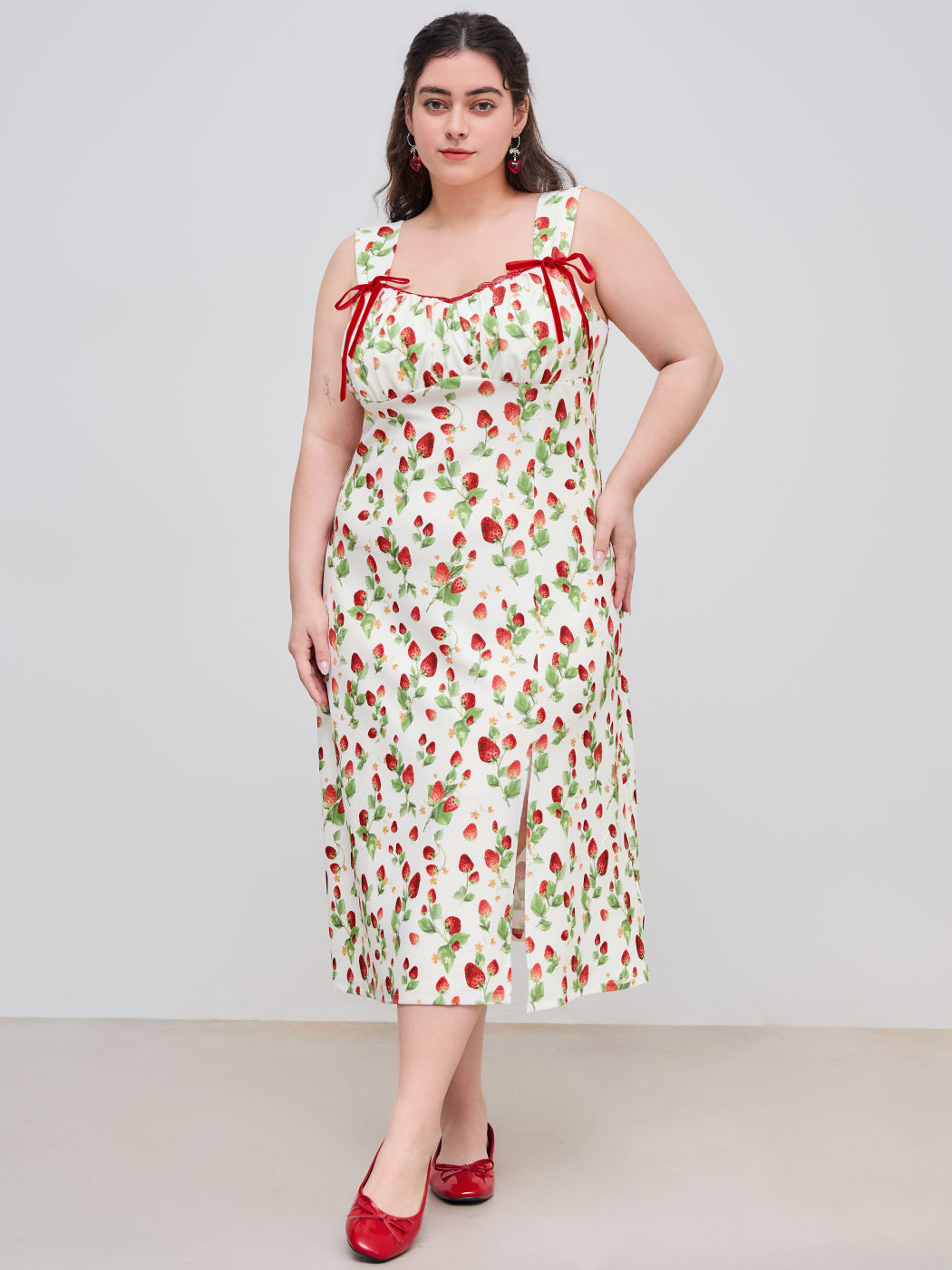 Square Neck Strawberry Graphic Knotted Split Midi Dress Curve & Plus