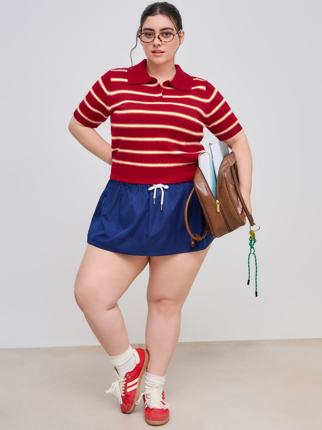 Knit Collar Striped Button Short Sleeve Top Curve & Plus