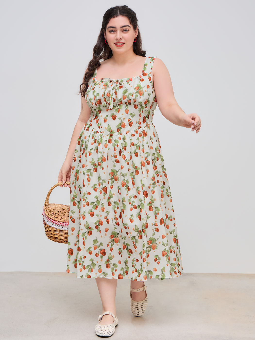 Woven Square Neck Strawberry Graphic Knotted Shirred Ruffle Midi Dress Curve & Plus