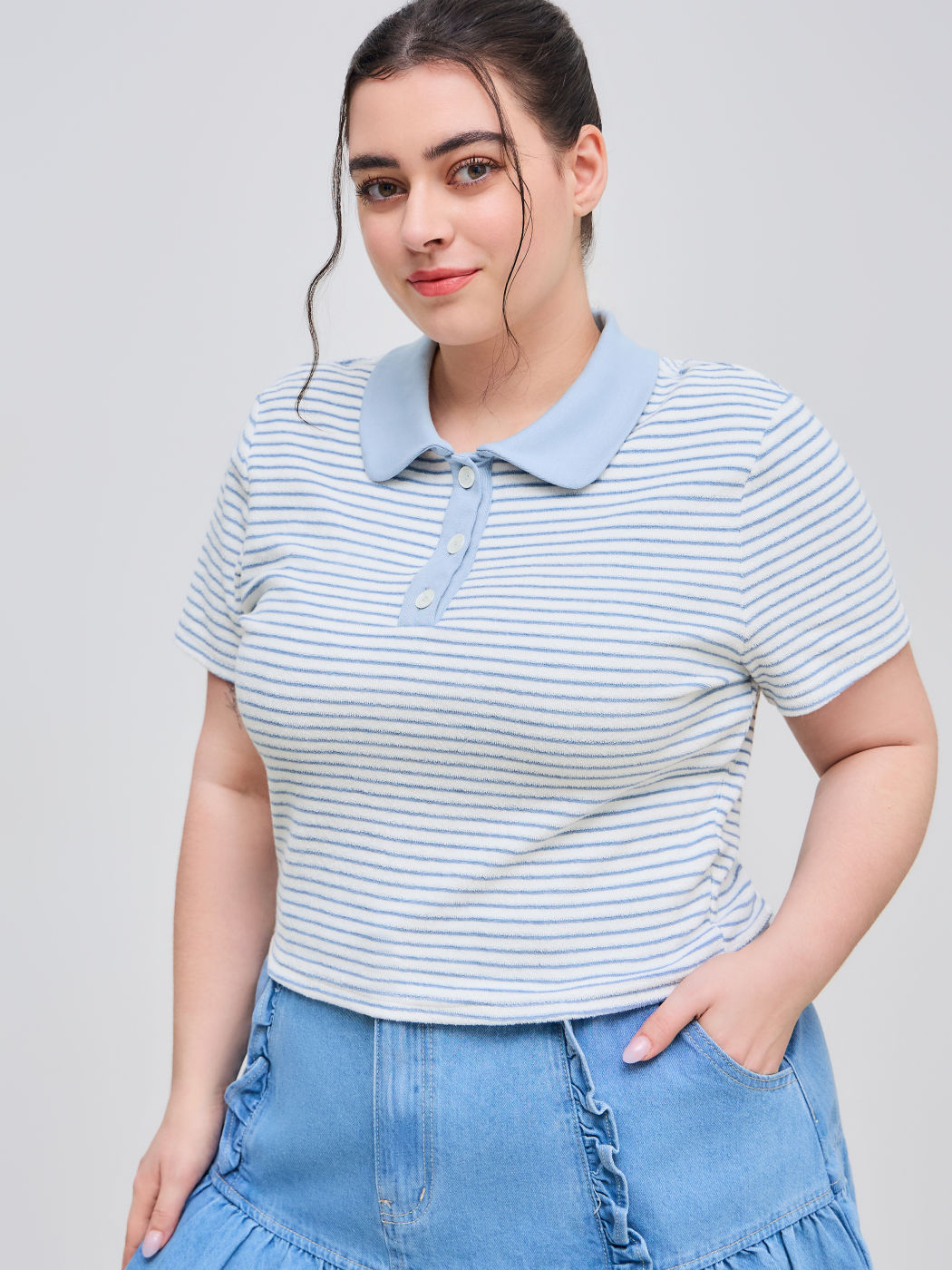 Terry Collar Striped Short Sleeve Tee Curve & Plus