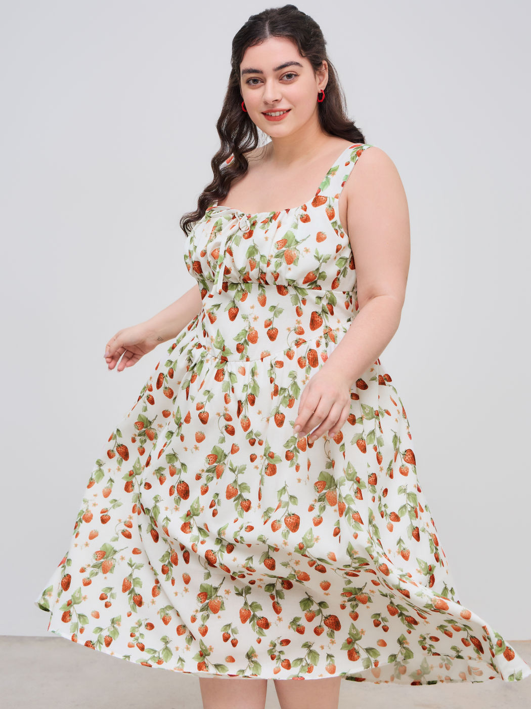 Woven Square Neck Strawberry Graphic Knotted Shirred Ruffle Midi Dress Curve & Plus